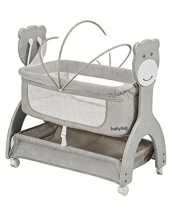 Babyhug Wooden Cradle with Mosquito Net - Grey| Swing Lock & Wheels| Safe & Durable Baby Cot with Storage| Smooth Rocking| Spacious Sleeping Area| Bassinet| Suitable for Newborn