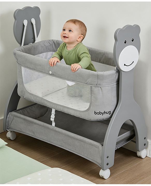 Babyhug Wooden Cradle with Mosquito Net - Grey| Swing Lock & Wheels| Safe & Durable Baby Cot with Storage| Smooth Rocking| Spacious Sleeping Area| Bassinet| Suitable for Newborn