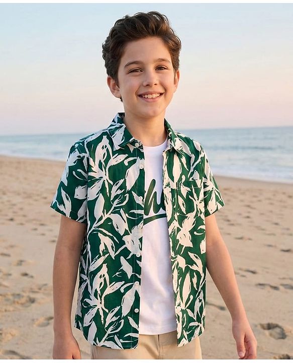 Pine Kids Viscose Woven Half Sleeves Shirt With T-Shirt & Floral Print - Green