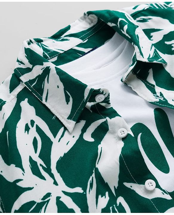 Pine Kids Viscose Woven Half Sleeves Shirt With T-Shirt & Floral Print - Green