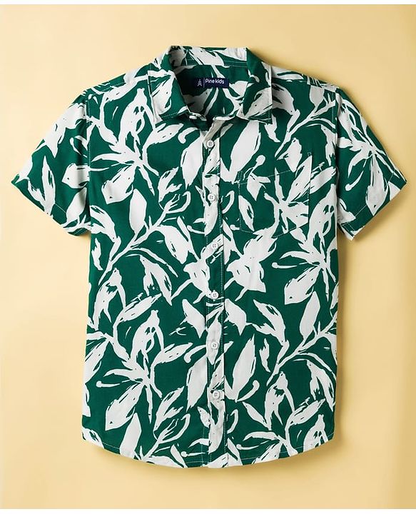Pine Kids Viscose Woven Half Sleeves Shirt With T-Shirt & Floral Print - Green