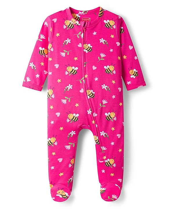 Babyhug Cotton Knit Full Sleeves Footed Sleepsuit With Floral Print - Pink