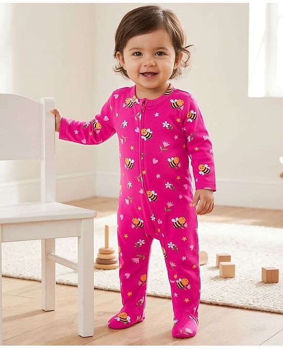 Babyhug Cotton Knit Full Sleeves Footed Sleepsuit With Floral Print - Pink