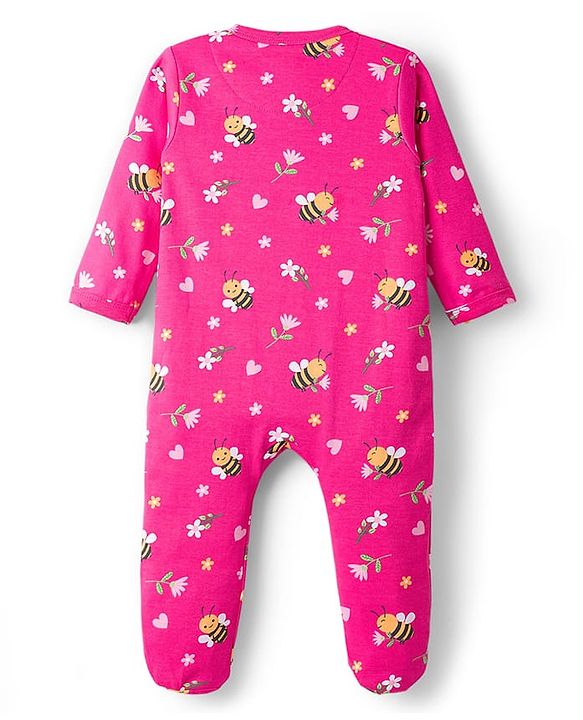Babyhug Cotton Knit Full Sleeves Footed Sleepsuit With Floral Print - Pink
