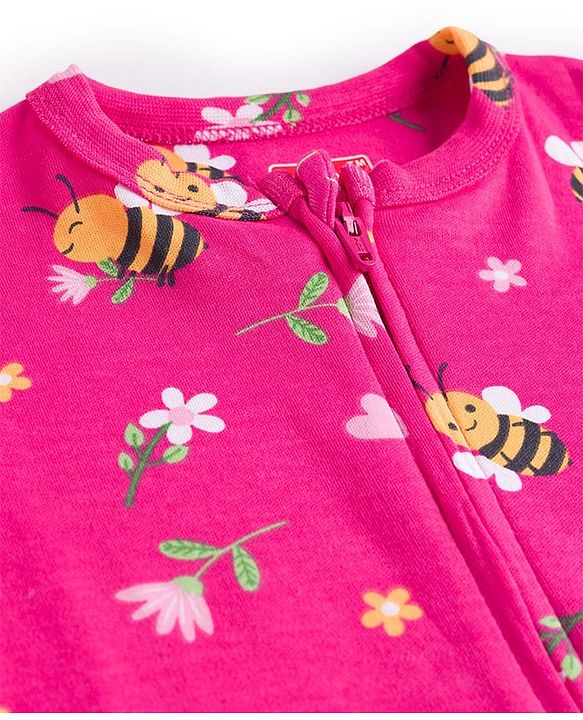 Babyhug Cotton Knit Full Sleeves Footed Sleepsuit With Floral Print - Pink