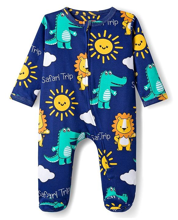 Babyhug Cotton Knit Full Sleeves Footed Sleepsuit With Animal Print - Navy Blue