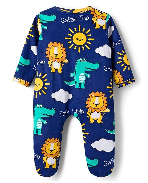 Babyhug Cotton Knit Full Sleeves Footed Sleepsuit With Animal Print - Navy Blue