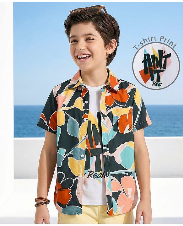 Pine Kids Viscose Woven Half Sleeves Shirt With T-Shirt & Floral Print - Black