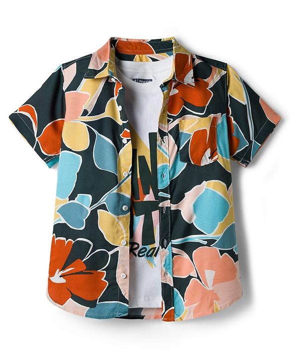Pine Kids Viscose Woven Half Sleeves Shirt With T-Shirt & Floral Print - Black