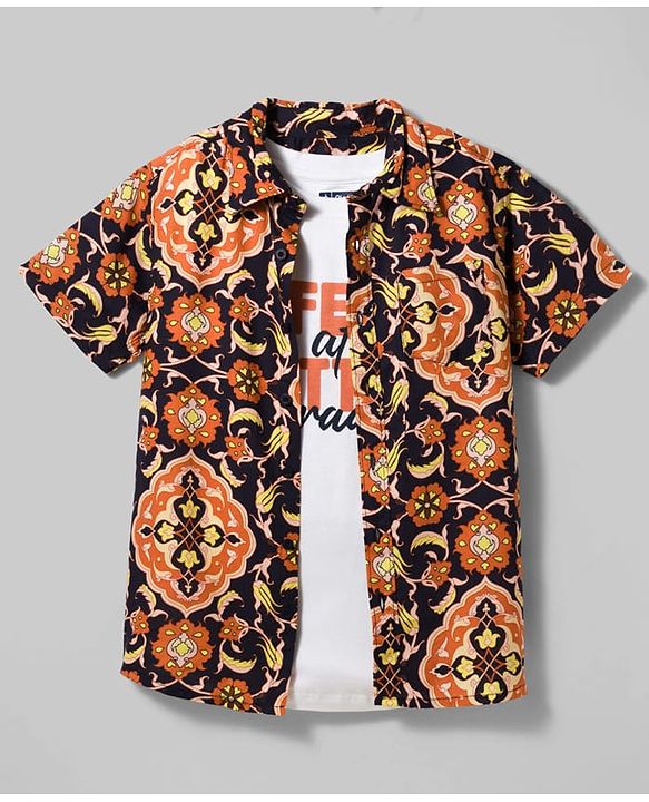 Pine Kids Viscose Woven Half Sleeves Floral Printed Shirt With Tank T-Shirt - Multicolour