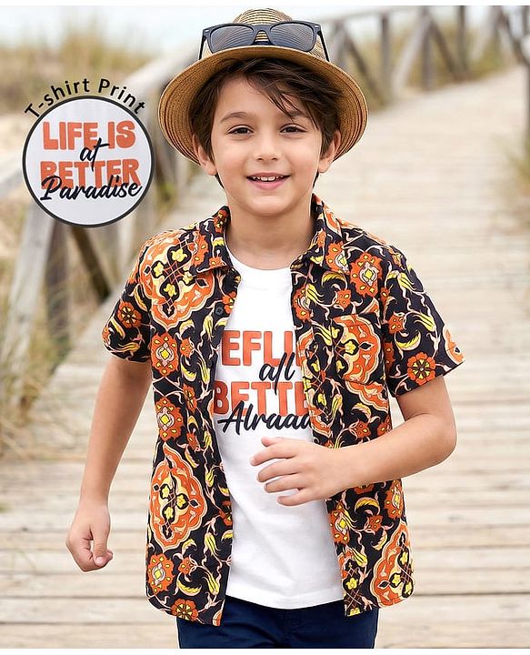 Pine Kids Viscose Woven Half Sleeves Floral Printed Shirt With Tank T-Shirt - Multicolour