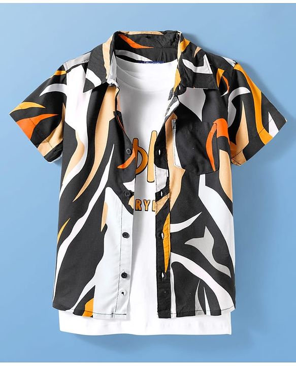 Pine Kids Woven Half Sleeves Printed Shirt With Printed Inner Tee - Multicolor