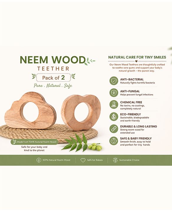 Babyhug Natural Steam Beech Wood Teether Pack of 2 (design may vary)