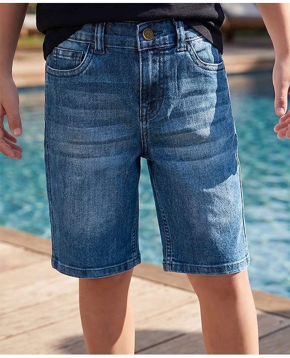 Pine Kids Denim Woven Knee Length Washed Shorts -Navy  Blue