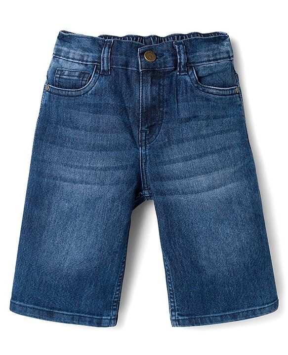 Pine Kids Denim Woven Knee Length Washed Shorts -Navy  Blue