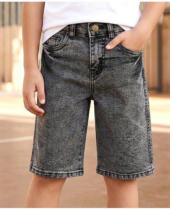 Pine Kids Denim Woven Knee Length Washed Shorts -Navy  Blue
