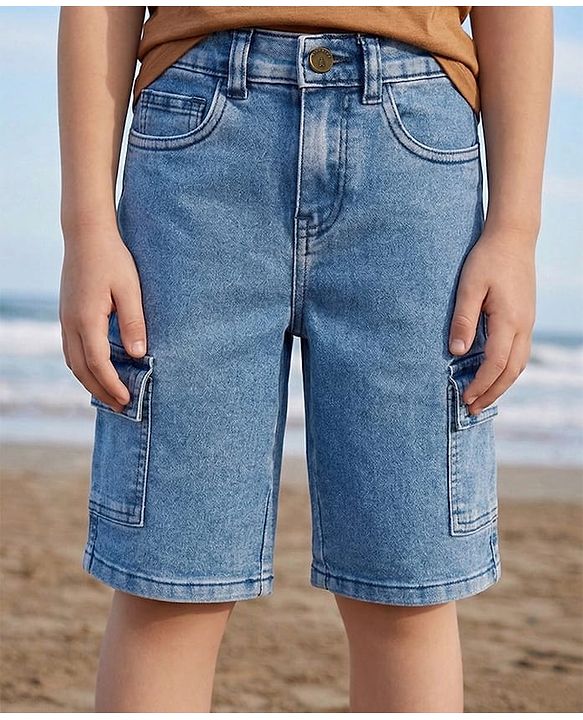 Pine Kids Denim Woven Knee Length Washed Shorts - Blue