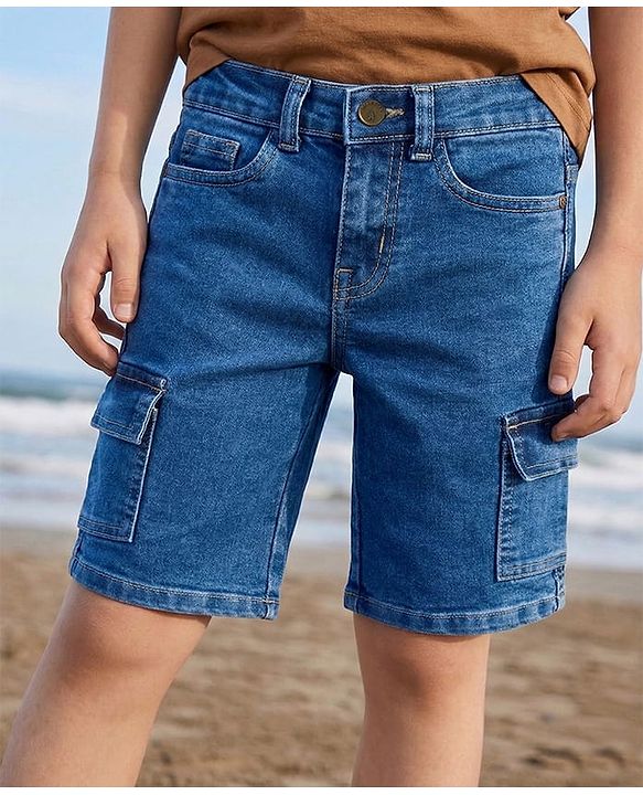 Pine Kids Denim Woven Knee Length Washed Shorts - Blue