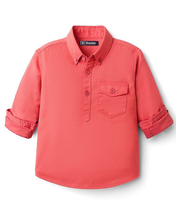 Pine Kids Cotton Woven Full Sleeves Solid Colour Kurta Style Shirt - Coral