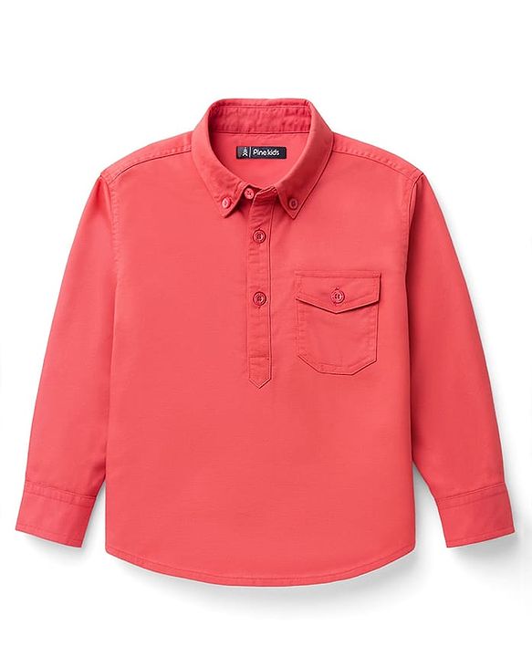 Pine Kids Cotton Woven Full Sleeves Solid Colour Kurta Style Shirt - Coral