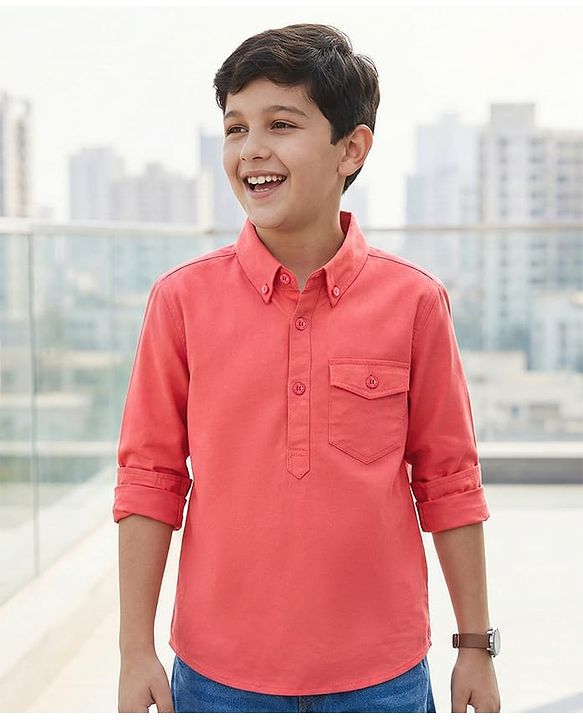 Pine Kids Cotton Woven Full Sleeves Solid Colour Kurta Style Shirt - Coral