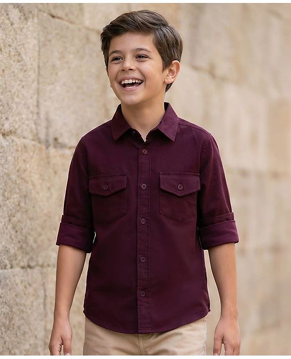 Pine Kids Cotton Woven Full Sleeves Solid Shirt - Maroon