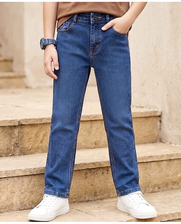 Pine Kids Woven Full Length Washed Denim Jeans - Navy Blue