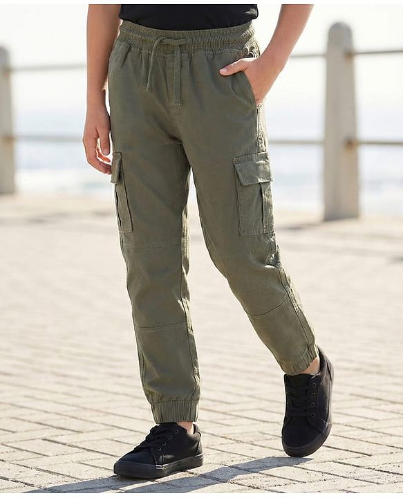 Pine Kids Cotton Elastane Woven Full Length Solid Trouser With Cargo Pockets - Olive Green