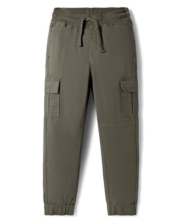 Pine Kids Cotton Elastane Woven Full Length Solid Trouser With Cargo Pockets - Olive Green