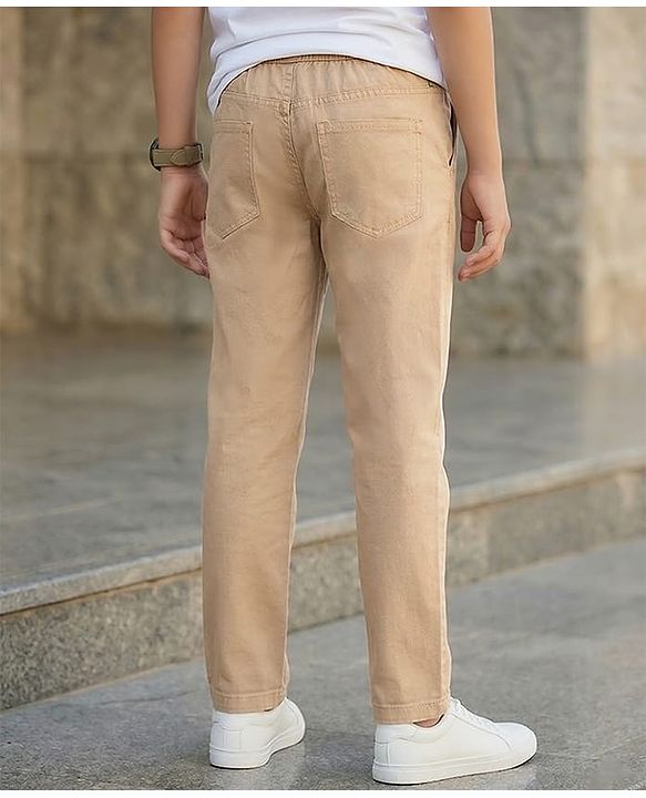 Pine Kids Cotton Elastane Woven Full Length Solid Color Trouser - Beige