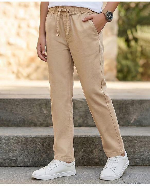 Pine Kids Cotton Elastane Woven Full Length Solid Color Trouser - Beige