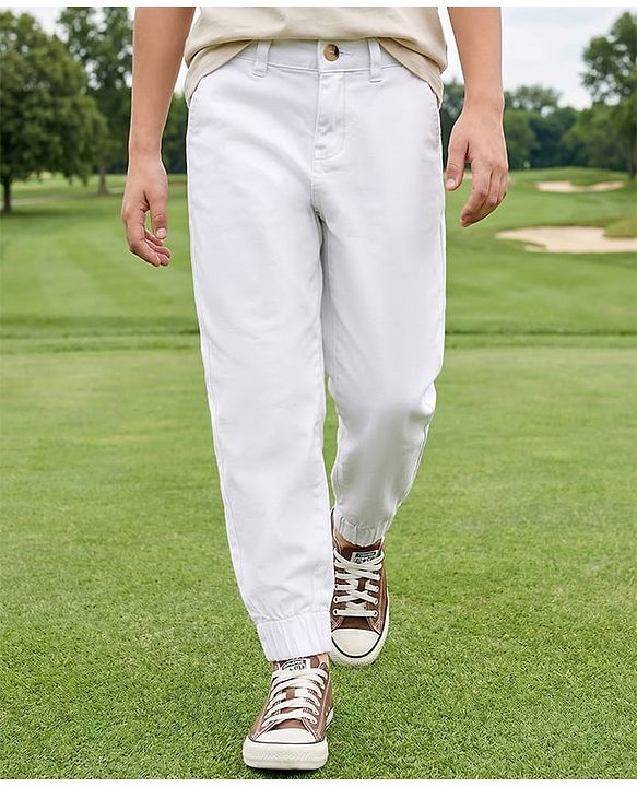 Pine Kids Cotton Elastane Woven Full Length Solid Trouser - White