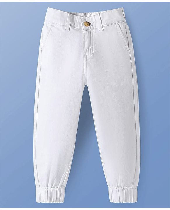 Pine Kids Cotton Elastane Woven Full Length Solid Trouser - White