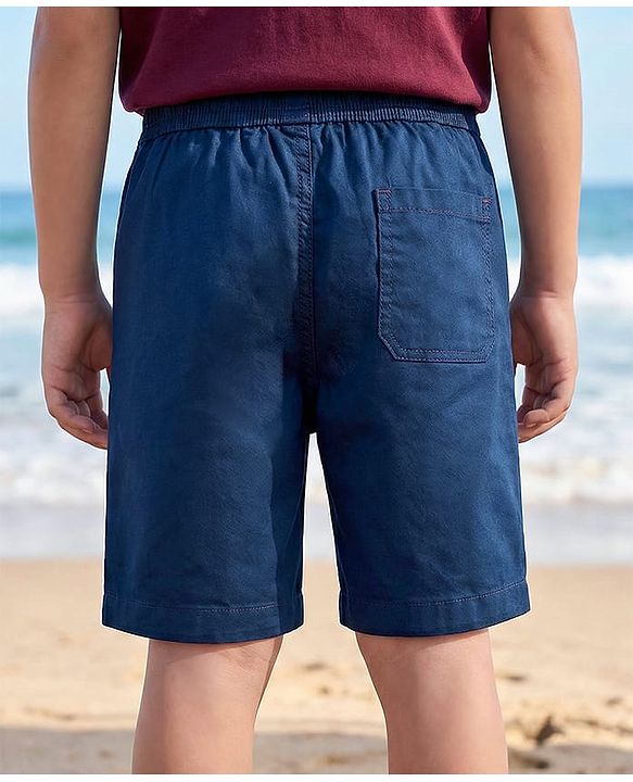 Pine Kids Cotton Elastane Woven Above Knee Length Solid Colour Shorts - Navy Blue