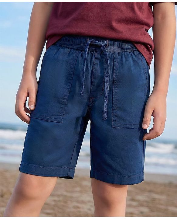 Pine Kids Cotton Elastane Woven Above Knee Length Solid Colour Shorts - Navy Blue