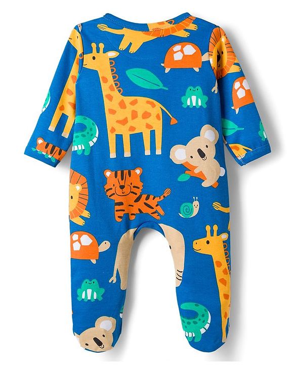Babyhug Cotton Knit Full Sleeves Footed Sleepsuit With Animal Print - Blue