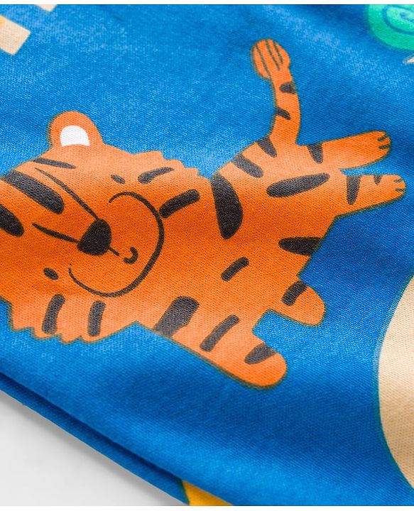 Babyhug Cotton Knit Full Sleeves Footed Sleepsuit With Animal Print - Blue