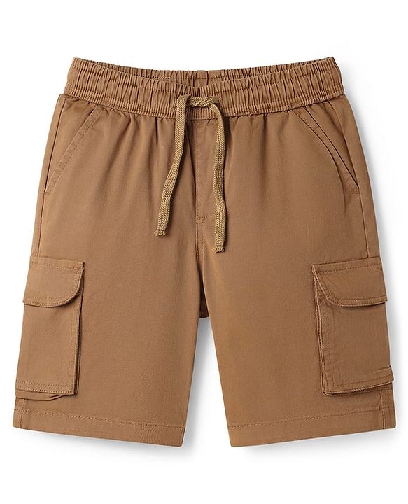 Pine Kids Cotton Elastane Woven Above Knee Length Solid Colour Shorts With Pocket - Brown