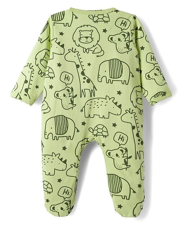 Babyhug Cotton Knit Full Sleeves Footed Sleepsuit With Animal Print - Green