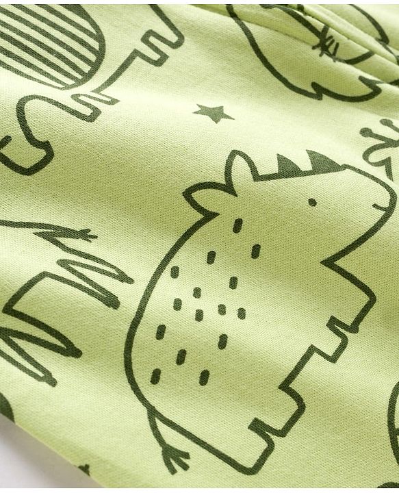 Babyhug Cotton Knit Full Sleeves Footed Sleepsuit With Animal Print - Green