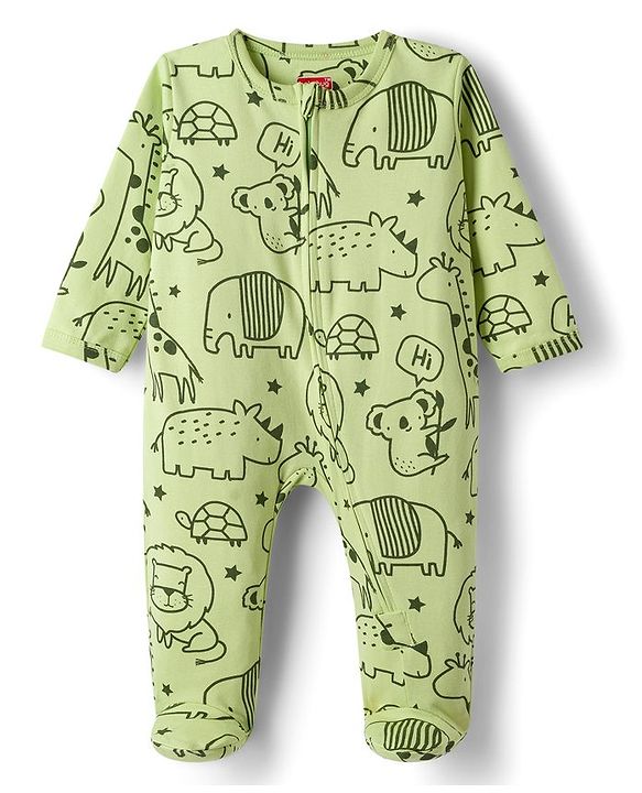 Babyhug Cotton Knit Full Sleeves Footed Sleepsuit With Animal Print - Green