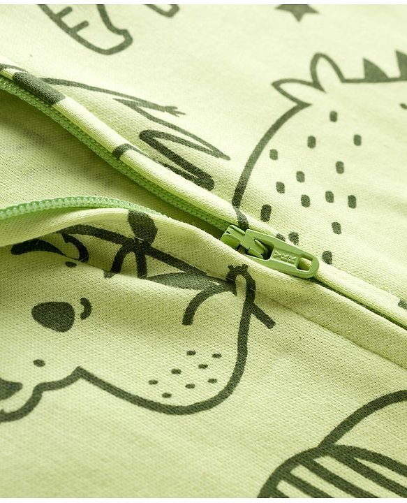 Babyhug Cotton Knit Full Sleeves Footed Sleepsuit With Animal Print - Green