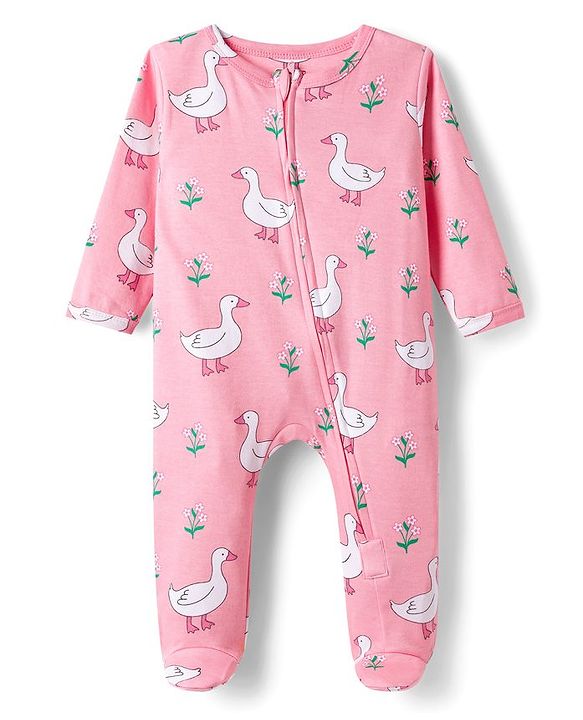 Babyhug Cotton Knit Full Sleeves Footed Sleepsuit With Bird Print - Pink