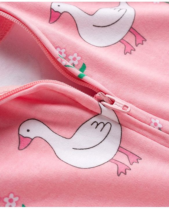 Babyhug Cotton Knit Full Sleeves Footed Sleepsuit With Bird Print - Pink