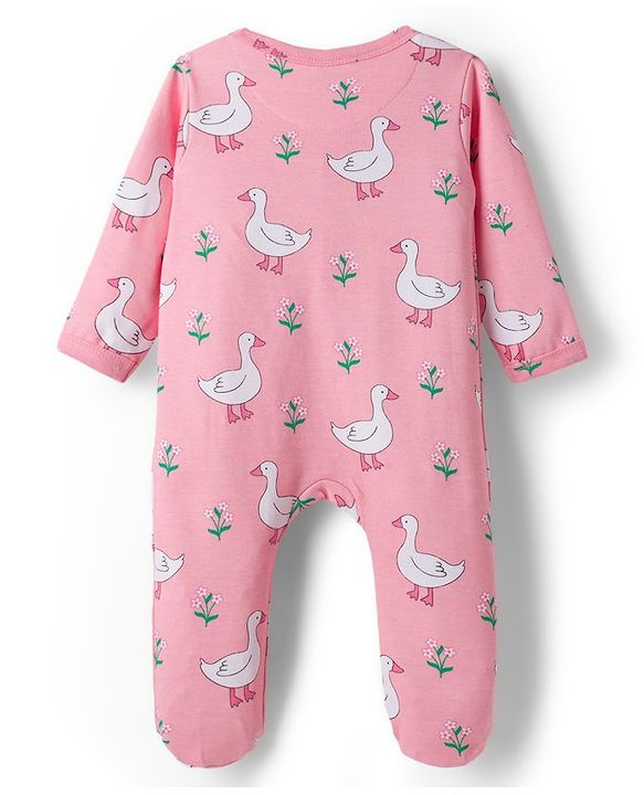 Babyhug Cotton Knit Full Sleeves Footed Sleepsuit With Bird Print - Pink