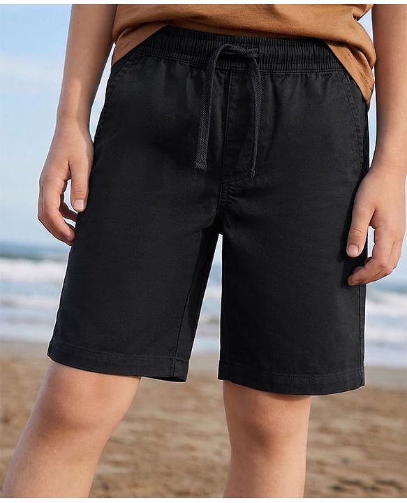 Pine Kids Cotton Elastane Woven Above Knee Length Solid Colour Shorts - Black