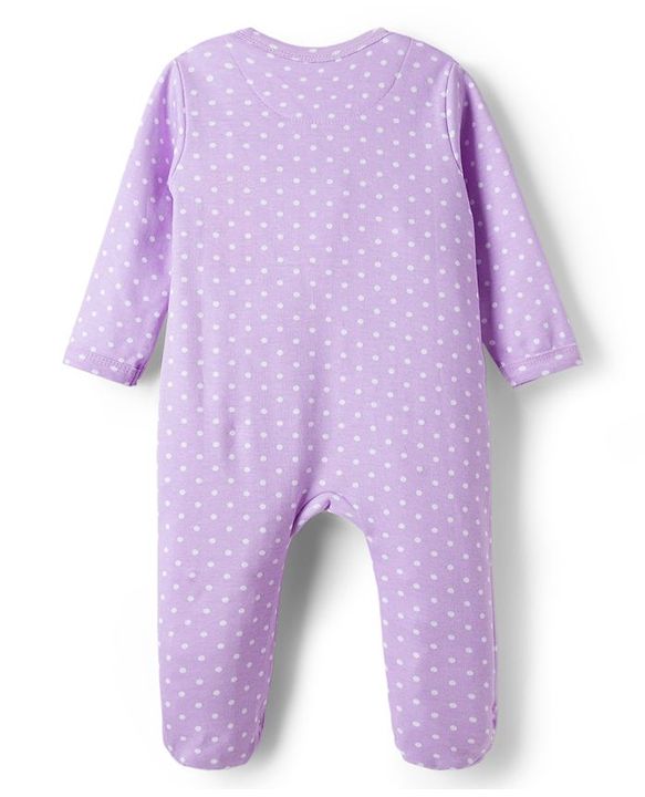 Babyhug Cotton Knit Full Sleeves Footed Sleepsuit With Animal Print - Lavender