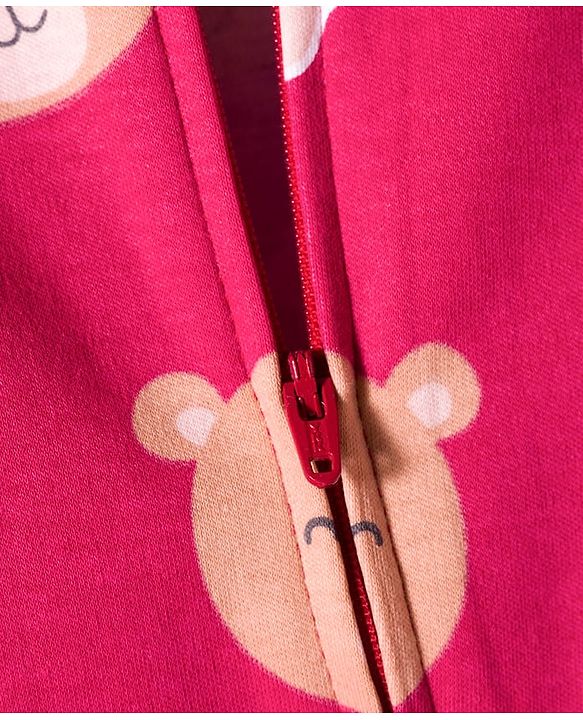 Babyhug Cotton Knit Full Sleeves Footed Sleepsuit With Animal Print - Maroon