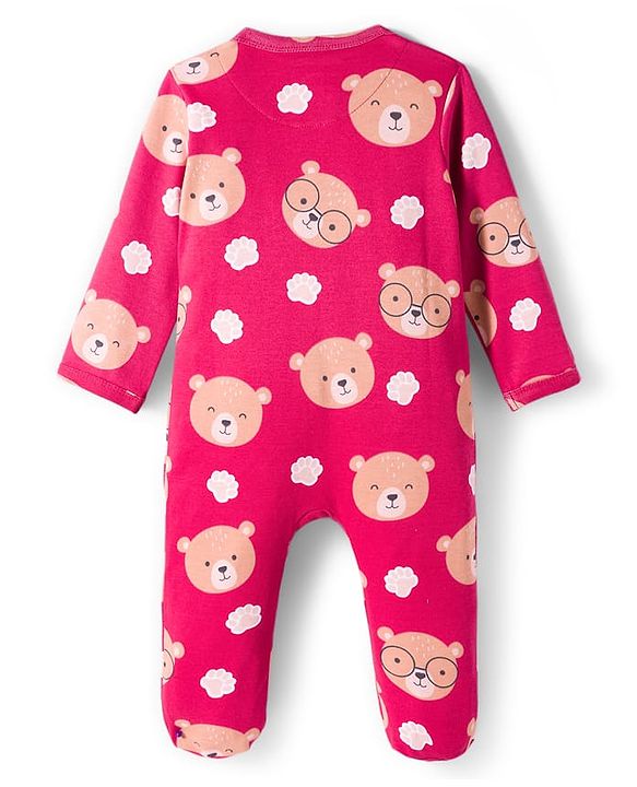 Babyhug Cotton Knit Full Sleeves Footed Sleepsuit With Animal Print - Maroon