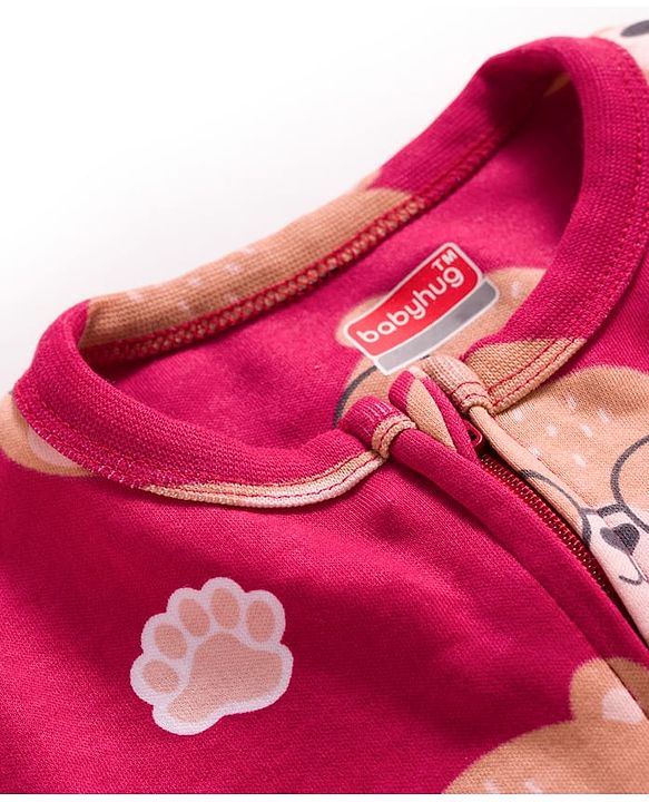 Babyhug Cotton Knit Full Sleeves Footed Sleepsuit With Animal Print - Maroon